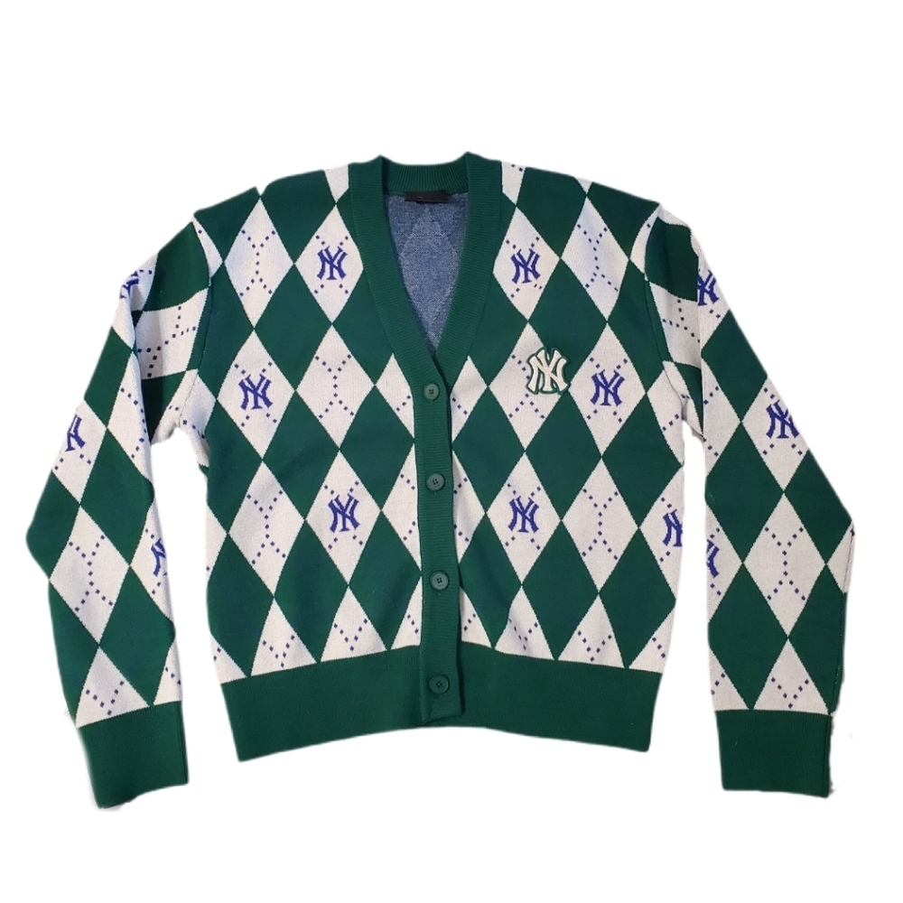 MLB Korea Women's Green White Knit‎ Argyle New York Yankees Cardigan Medium